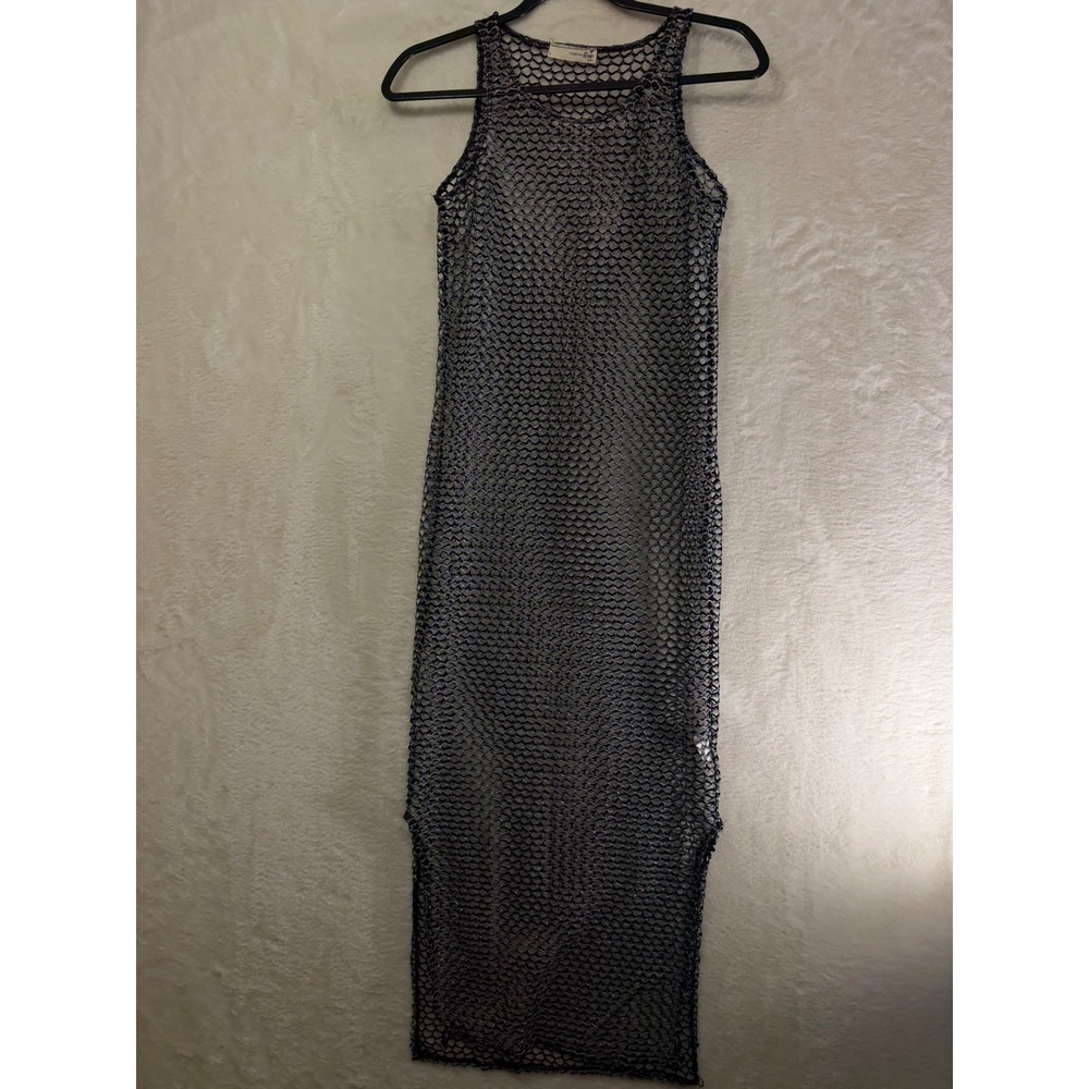 Forever Rose Couture Metallic Silver Fishnet Maxi‎ Dress Lurex Sheer Coverup L